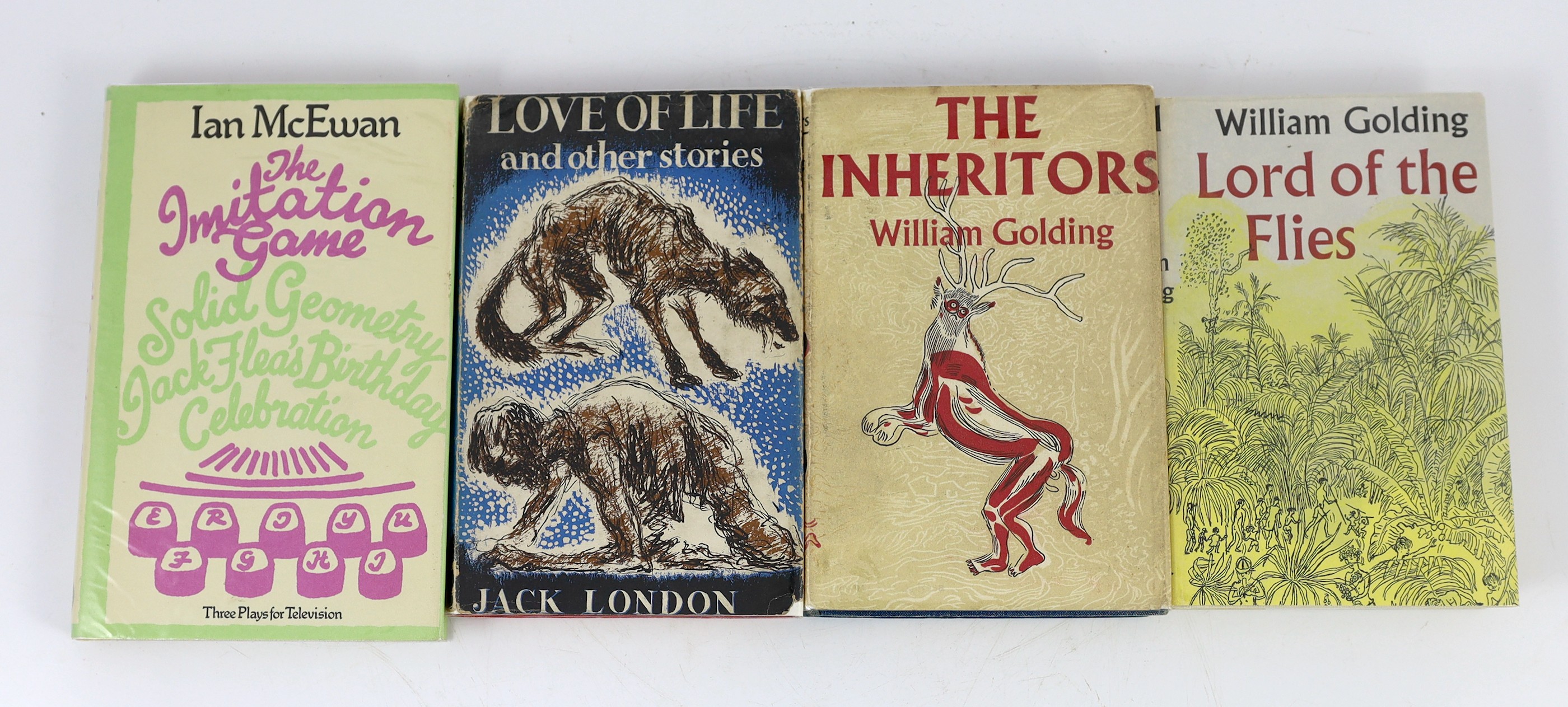 Golding, William - The Inheritors, 1st edition, with unclipped d/j, W.H. Smith library club ticket to paste down, Faber & Faber, London, 1955 and Lord of the Flies, 1st edition, 12th impression, with library stamp to cop